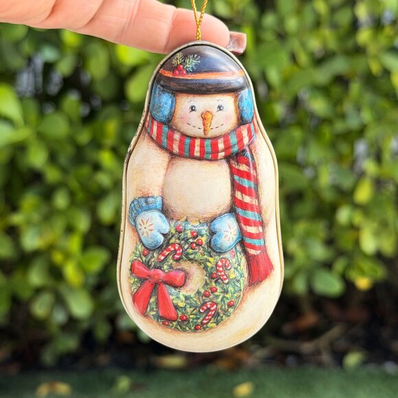 Vintage Set of 2 RUSS BERRIE & Co Christmas Candy Tin Ornament Snowman and Santa - Picture 6 of 8